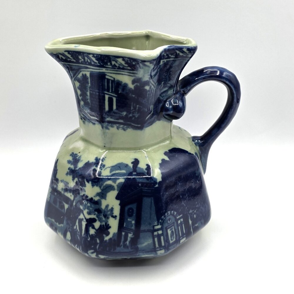 Victoria Ware Cobalt Flow Blue Vintage Ironstone Pitcher Scenic Architecture Pic